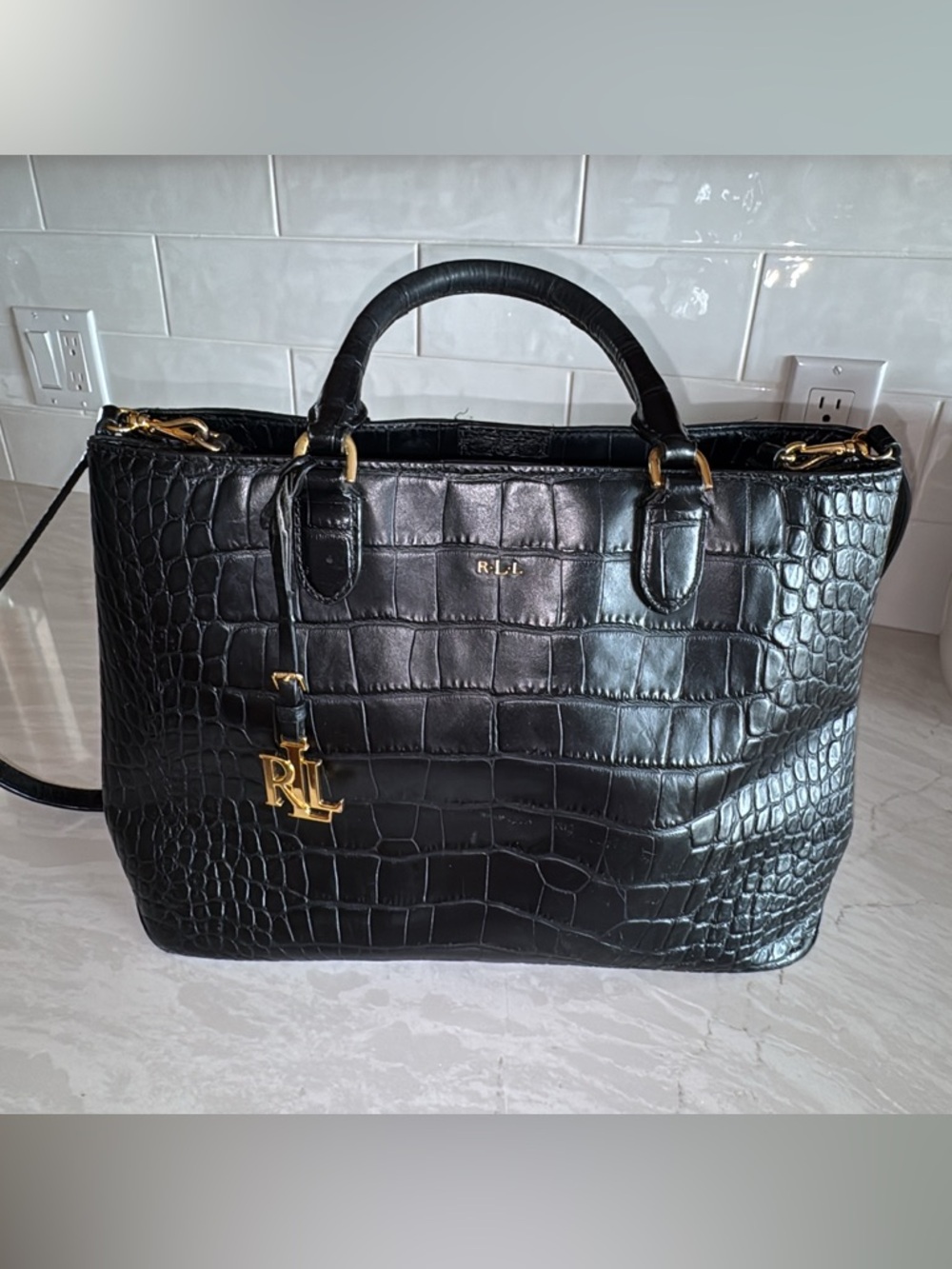 Ralph Lauren Black Croc-Embossed Tote with Gold Hardware